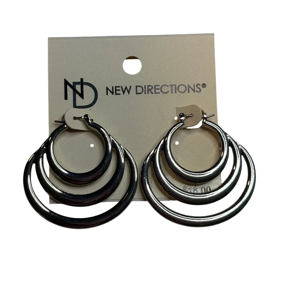 New Directions‎ Triple Layer Hoop Earrings Womens Silver Tone Multi Hoop NWT